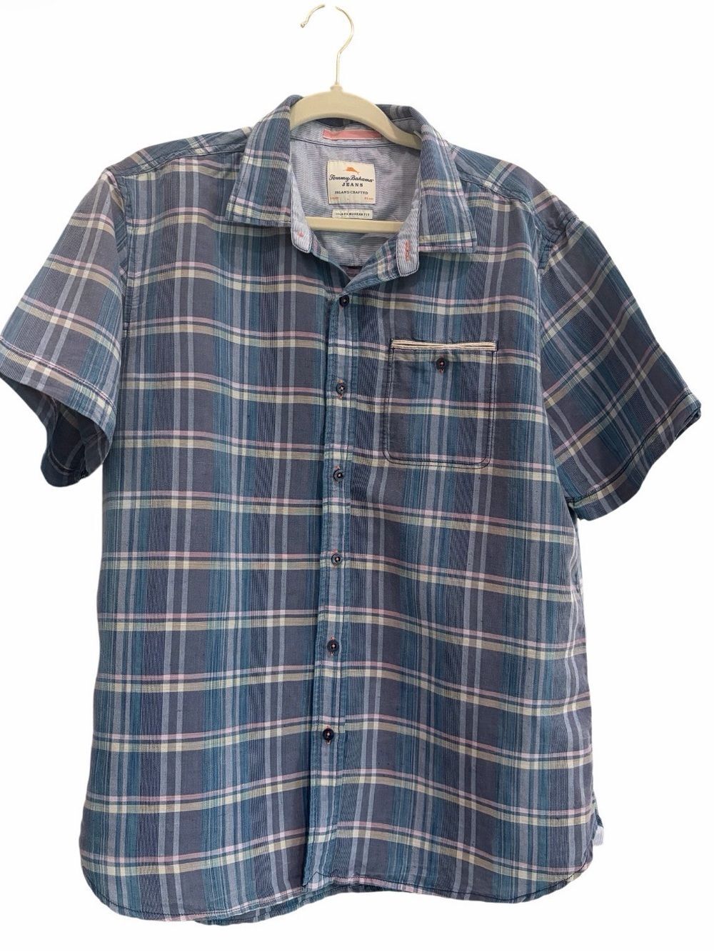 Tommy Bahama Island Modern Fit Linen Blend Short Sleeve Shirt Size Large Plaid